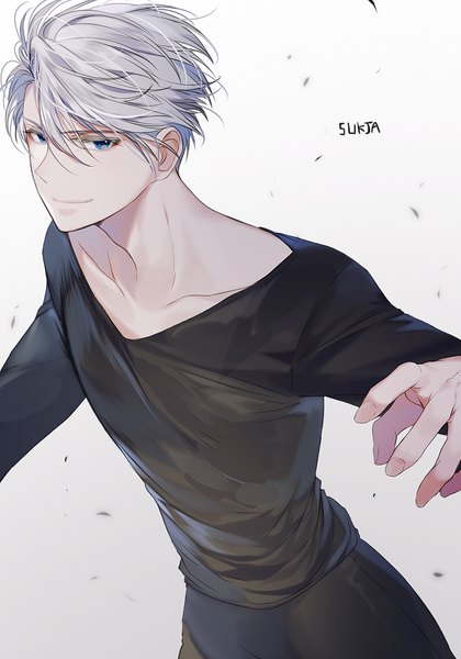 Anime picture 700x1000 with yuri!!! on ice mappa viktor nikiforov sorolp single tall image looking at viewer short hair blue eyes simple background smile signed silver hair fingernails gradient background spread arms boy