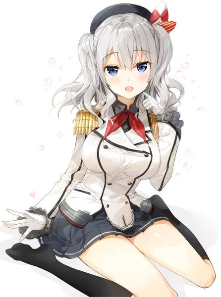 Anime picture 595x800 with kantai collection kashima training cruiser fuumi (radial engine) single long hair tall image looking at viewer blush fringe breasts open mouth blue eyes simple background hair between eyes white background sitting twintails silver hair pleated skirt no shoes