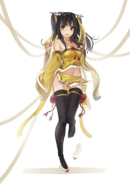 Anime picture 595x842 with original hjl single long hair tall image looking at viewer blush fringe open mouth light erotic black hair white background twintails bare shoulders bent knee (knees) hair flower wind black eyes mole wide sleeves