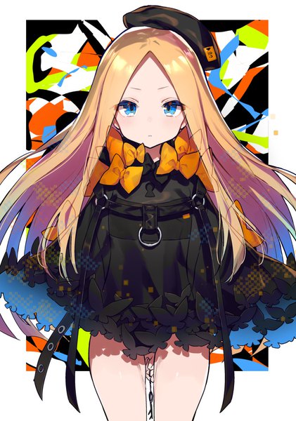 Anime picture 770x1096 with fate (series) fate/grand order abigail williams (fate) hayama eishi single long hair tall image looking at viewer blush fringe breasts blue eyes simple background blonde hair standing long sleeves alternate costume thighs border hands in sleeves
