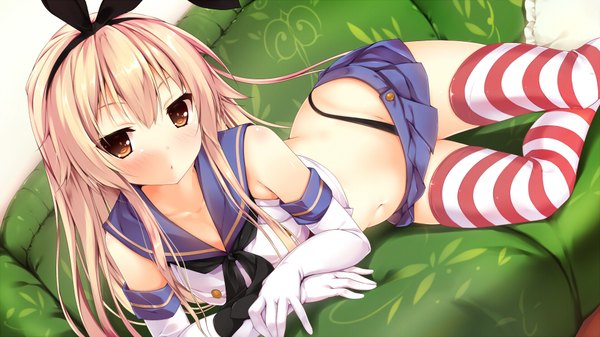 Anime picture 1920x1080 with kantai collection shimakaze destroyer nironiro single long hair looking at viewer blush highres light erotic blonde hair wide image brown eyes girl thighhighs gloves bow hair bow miniskirt elbow gloves striped thighhighs