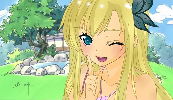 Anime picture 1177x682 with boku wa tomodachi ga sukunai kashiwazaki sena single long hair open mouth blue eyes blonde hair wide image bare shoulders one eye closed wink teeth fang (fangs) girl hair ornament plant (plants) tree (trees) butterfly hair ornament