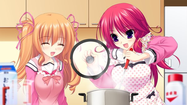 Anime picture 1280x720 with strawberry feels long hair blush open mouth wide image purple eyes multiple girls game cg red hair eyes closed orange hair drill hair cooking girl ribbon (ribbons) 2 girls hair ribbon apron
