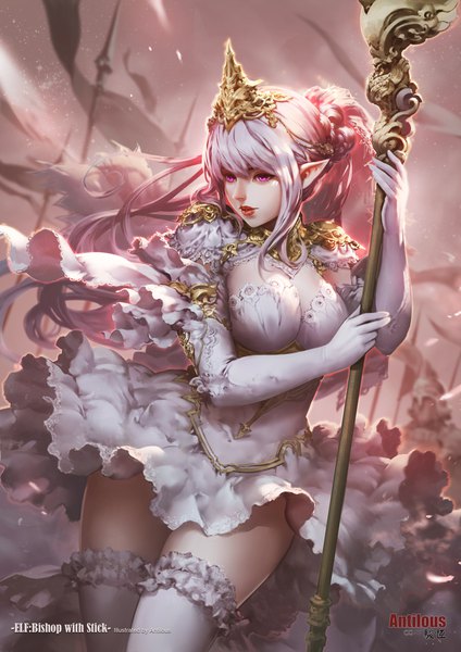 Anime picture 827x1169 with original antilous (anti) single long hair tall image fringe breasts light erotic large breasts standing holding signed payot looking away sky silver hair outdoors ponytail parted lips pink eyes