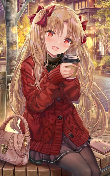 Anime picture 1200x1923 with fate (series) fate/grand order ereshkigal (fate) torino aqua single long hair tall image looking at viewer blush fringe open mouth blonde hair smile hair between eyes red eyes sitting holding outdoors long sleeves head tilt