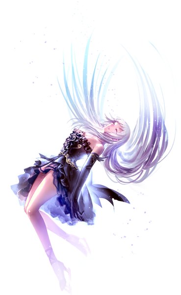 Anime picture 600x973 with pretty rhythm pretty rhythm rainbow live pretty (series) amou june irua single long hair tall image fringe simple background white background bare shoulders blue hair purple hair bent knee (knees) white hair eyes closed multicolored hair high heels falling