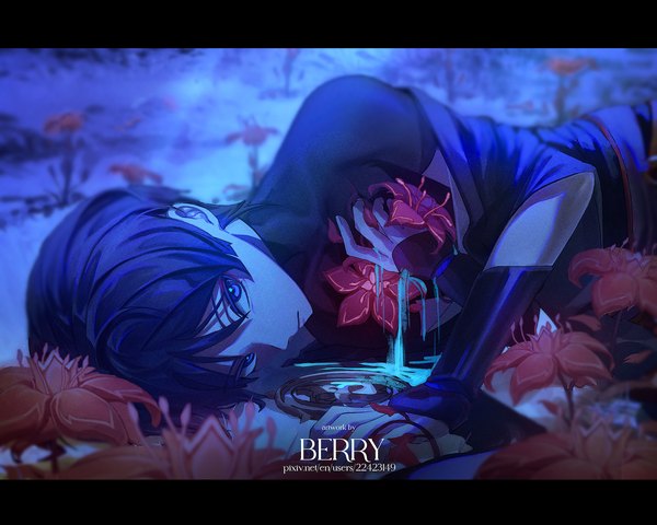 Anime picture 2000x1600 with genshin impact scaramouche (genshin impact) berry (berrypd) single looking at viewer highres short hair blue eyes signed blue hair outdoors lying hand on chest on side letterboxed boy flower (flowers) flower field