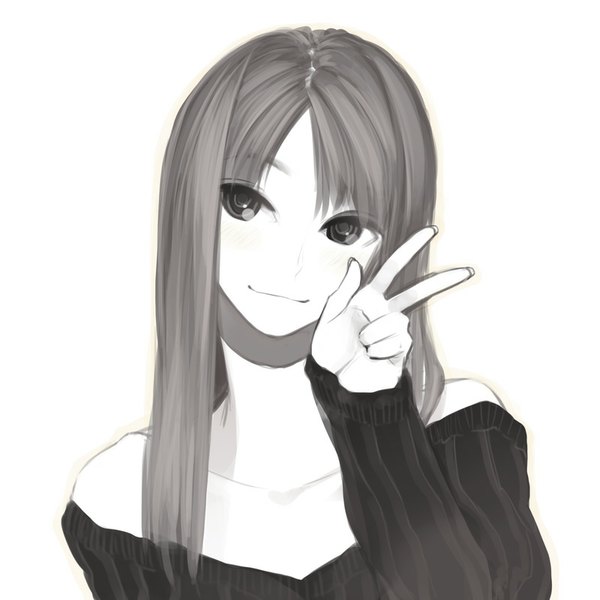 Anime picture 800x800 with poaro single long hair looking at viewer blush fringe white background bare shoulders looking away light smile monochrome victory girl sweater