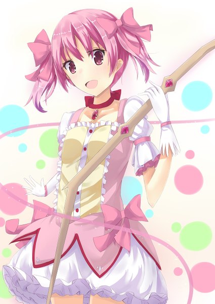 Anime picture 920x1300 with mahou shoujo madoka magica shaft (studio) kaname madoka single tall image fringe short hair breasts open mouth white background twintails holding pink hair happy girl dress gloves hair ornament ribbon (ribbons) bow
