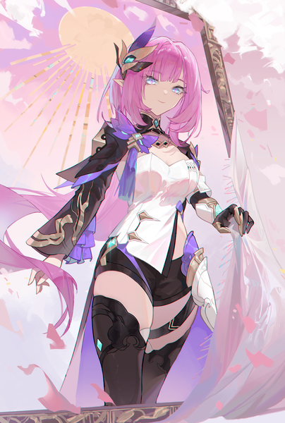 Anime-Bild 2013x2989 mit honkai impact 3rd honkai (series) elysia (honkai impact) elysia (miss pink elf) (honkai impact) lettereast single long hair tall image looking at viewer highres blue eyes pink hair pointy ears from below empty picture frame girl thighhighs hair ornament black thighhighs shorts