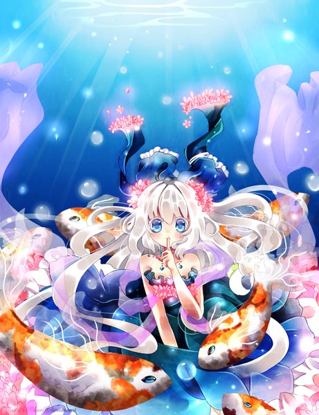 Anime picture 1300x1690 with original maruuki single tall image looking at viewer blush blue eyes bare shoulders white hair very long hair underwater girl dress flower (flowers) necklace bubble (bubbles) fish (fishes)