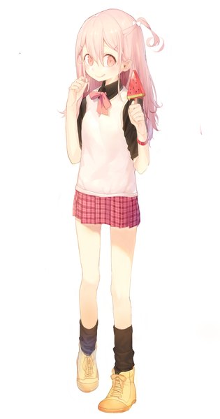 Anime picture 1033x1963 with original kitada mo misoni comi single long hair tall image blush fringe simple background smile standing white background holding pink hair pleated skirt pink eyes one side up plaid skirt lacing licking