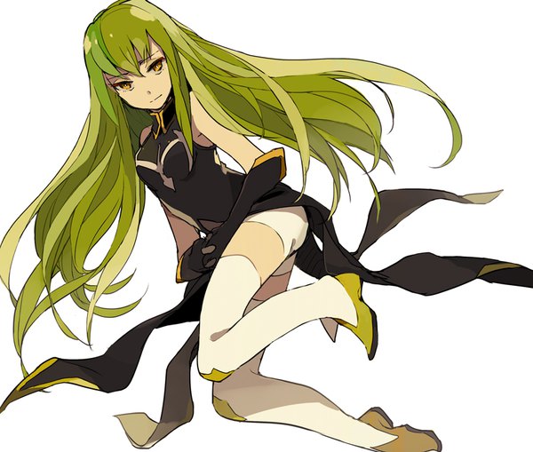 Anime picture 820x696 with code geass sunrise (studio) c.c. lowe (slow) single long hair looking at viewer fringe simple background hair between eyes white background yellow eyes green hair sleeveless girl thighhighs dress gloves white thighhighs black gloves
