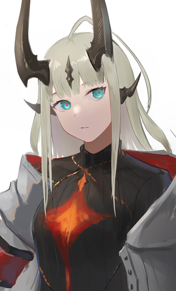 Anime picture 2479x4093 with arknights reed (arknights) tadano tarako single long hair tall image highres simple background white background looking away upper body ahoge horn (horns) aqua eyes grey hair girl turtleneck