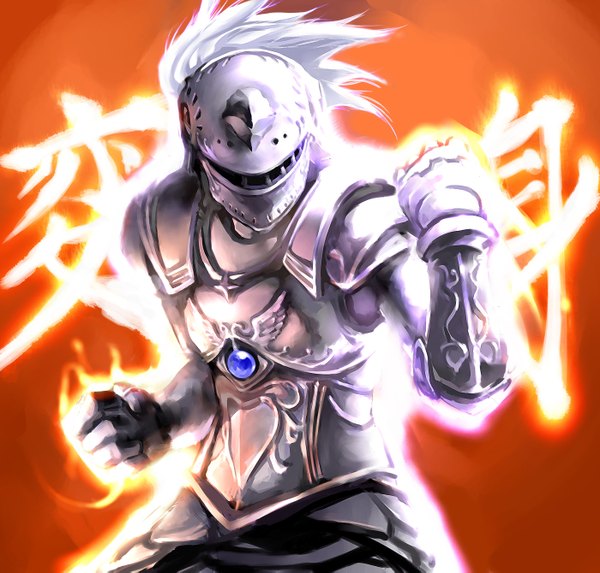 Anime picture 1400x1339 with kamen rider phantom (ptcrow) single short hair white hair fighting stance boy gloves armor helmet