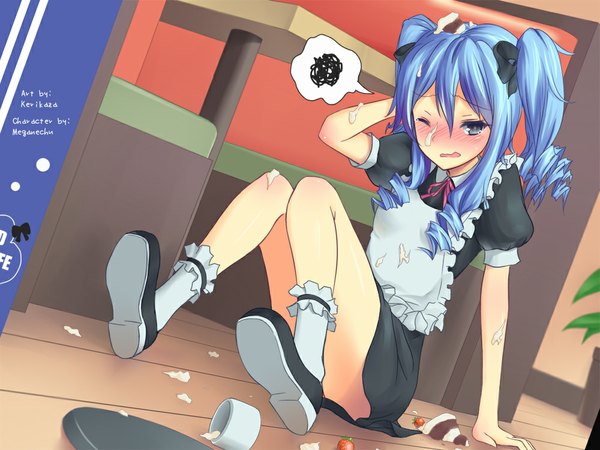 Anime picture 1000x750 with original kerikaza single long hair blush twintails blue hair one eye closed wink maid grey eyes girl socks white socks tray cream suggestive fluid