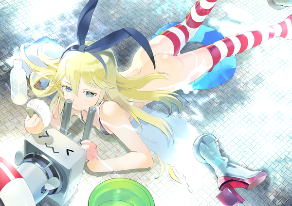 Anime picture 1000x709 with kantai collection shimakaze destroyer rensouhou-chan 119 long hair blue eyes light erotic blonde hair ass lying no panties on stomach :3 > < girl thighhighs water striped thighhighs bikini top robot