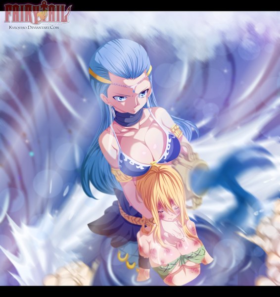 Anime-Bild 1556x1650 mit fairy tail lucy heartfilia aquarius (fairy tail) kvequiso long hair tall image breasts blue eyes light erotic blonde hair large breasts multiple girls blue hair eyes closed inscription coloring magic girl 2 girls water