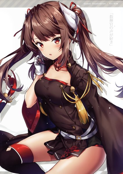Anime picture 2440x3441 with azur lane haruna (azur lane) riichu single long hair tall image looking at viewer blush fringe highres breasts open mouth simple background hair between eyes red eyes brown hair white background sitting twintails signed