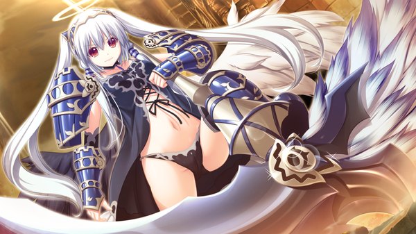Anime picture 1280x720 with tenbin no la dea eushully single long hair looking at viewer light erotic red eyes wide image twintails game cg white hair girl navel underwear panties weapon wings halo scythe
