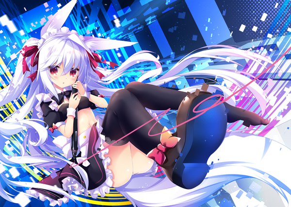 Anime picture 1000x711 with original nanamomo rio single long hair looking at viewer fringe light erotic hair between eyes red eyes animal ears bent knee (knees) white hair tail animal tail bare belly :o maid two side up pantyshot fox ears