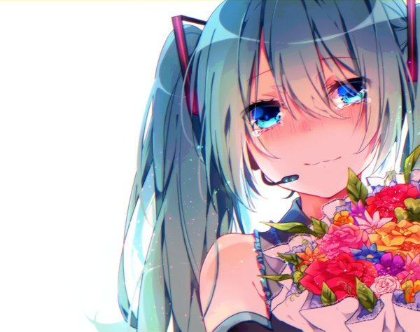 Anime picture 800x633 with vocaloid hatsune miku asagao minoru single long hair looking at viewer blush fringe blue eyes simple background smile white background bare shoulders aqua hair tears happy tears girl flower (flowers) detached sleeves headphones