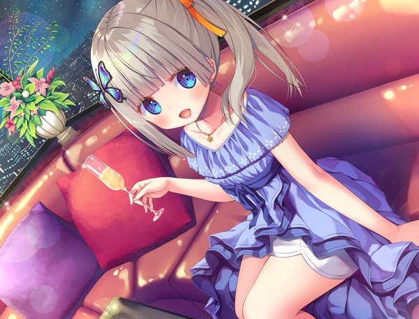 Anime picture 4200x3200 with original asa no ha single long hair looking at viewer blush fringe highres open mouth blue eyes sitting absurdres silver hair indoors blunt bangs :d night sparkle dutch angle night sky