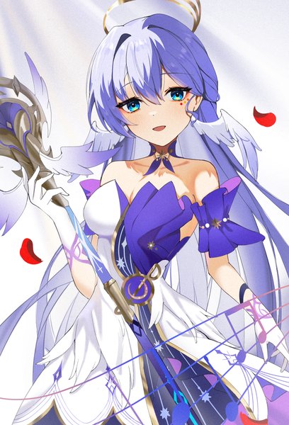 Anime picture 1700x2500 with honkai: star rail honkai (series) robin (honkai: star rail) hiciki single long hair tall image looking at viewer blush fringe breasts open mouth blue eyes simple background smile hair between eyes large breasts standing bare shoulders silver hair