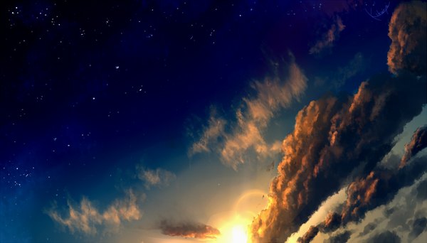 Anime-Bild 1400x800 mit original kibunya 39 wide image sky cloud (clouds) lens flare evening sunset landscape star (stars) sun