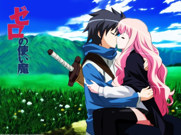 Anime picture 2048x1536 with zero no tsukaima j.c. staff louise francoise le blanc de la valliere hiraga saito highres kiss girl
