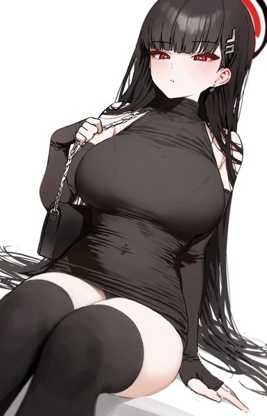Anime picture 2480x3862 with blue archive rio (blue archive) mochirong single long hair tall image looking at viewer blush fringe highres breasts light erotic black hair simple background red eyes white background sitting blunt bangs arm support dutch angle