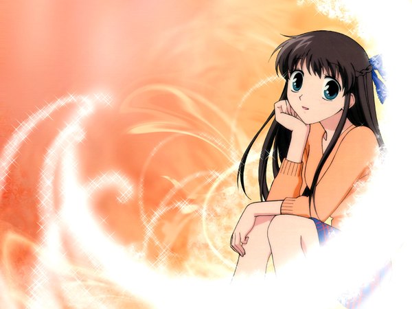 Anime picture 1600x1200 with fruits basket studio deen honda tooru tagme (artist) single long hair looking at viewer open mouth blue eyes brown hair sitting braid (braids) :d plaid skirt third-party edit head rest orange background girl skirt sweater