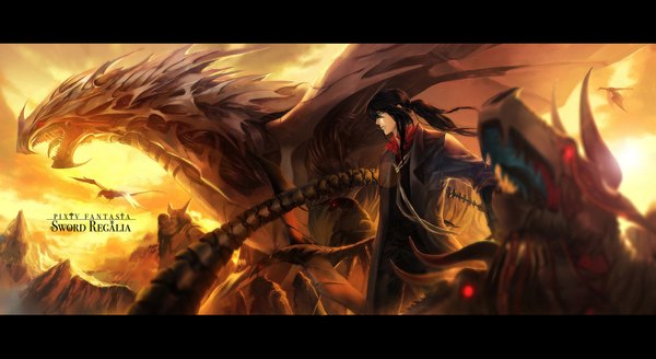 Anime picture 2046x1119 with original pixiv fantasia pixiv fantasia sword regalia kzcjimmy single long hair highres red eyes brown hair wide image standing yellow eyes sky ponytail profile inscription glowing letterboxed mountain glowing eye (eyes)