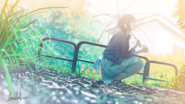 Anime picture 3840x2160 with original banishment single fringe highres short hair black hair wide image holding signed payot absurdres full body outdoors profile black eyes sunlight shadow looking up squat