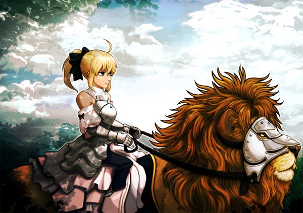 Anime picture 1400x989 with fate (series) fate/stay night studio deen type-moon artoria pendragon (all) saber saber lily cielociel (artist) short hair blonde hair bare shoulders green eyes cloud (clouds) ahoge tail riding girl dress animal armor