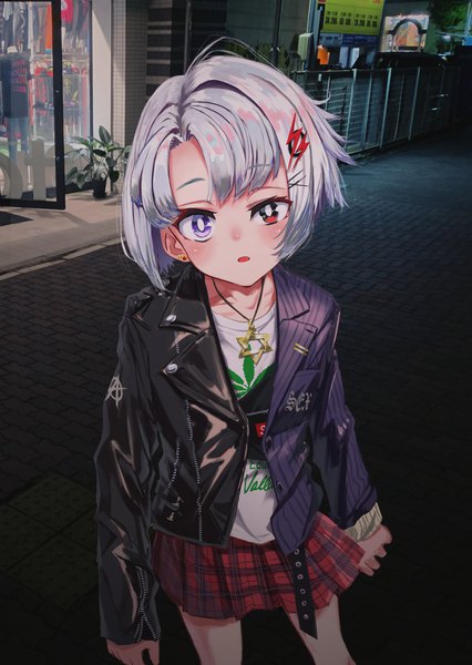 Anime picture 2373x3340 with original nadegata single tall image looking at viewer fringe highres short hair red eyes purple eyes silver hair outdoors long sleeves parted lips pleated skirt night open clothes open jacket heterochromia sleeves past wrists