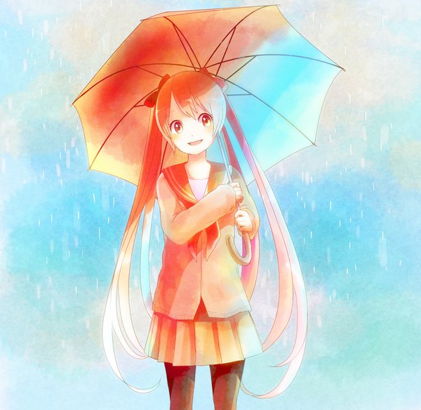 Anime picture 1000x974 with vocaloid hatsune miku sakura miku piyo (piyona) single long hair looking at viewer blush open mouth red eyes twintails pink hair very long hair pleated skirt rain girl skirt uniform bow hair bow