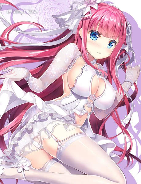 Anime picture 800x1046 with go-toubun no hanayome nakano nino fujima takuya single long hair tall image looking at viewer blush fringe breasts blue eyes light erotic large breasts signed payot pink hair blunt bangs hair flower shadow high heels