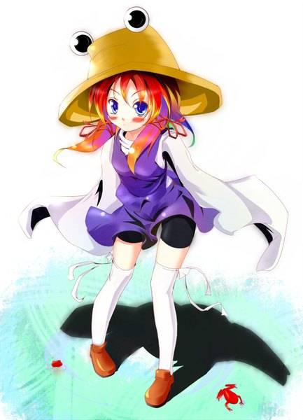 Anime picture 1200x1661 with touhou moriya suwako so-ren (artist) single long hair tall image blush blue eyes red hair long sleeves multicolored hair girl thighhighs hat white thighhighs