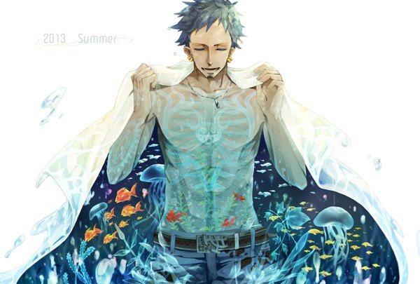Anime picture 2039x1378 with one piece toei animation trafalgar law lasvation single highres short hair black hair simple background white background eyes closed piercing ear piercing topless muscle abs 2013 boy animal belt