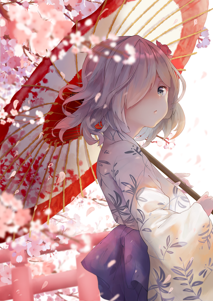 Anime picture 1200x1697 with kantai collection hamakaze destroyer mao ge tall image looking at viewer fringe short hair open mouth blue eyes holding silver hair traditional clothes japanese clothes looking back hair flower blurry hair over one eye wide sleeves :o depth of field