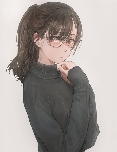 Anime picture 3151x4096 with original free style (yohan1754) single long hair tall image blush fringe highres simple background hair between eyes brown hair brown eyes looking away absurdres upper body ponytail long sleeves grey background girl glasses