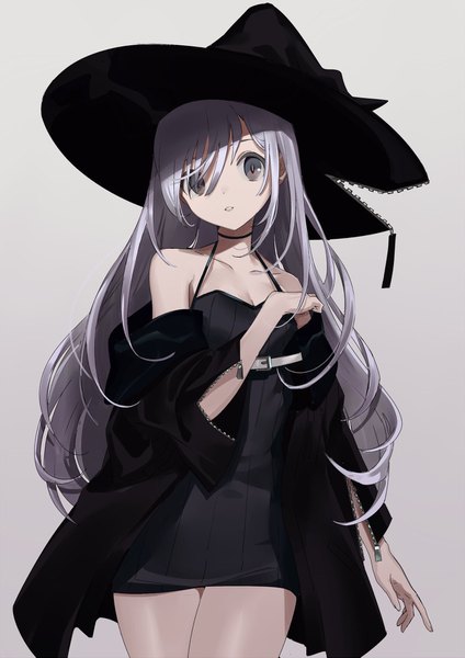 Anime picture 1200x1697 with original urata asao single long hair tall image looking at viewer fringe breasts simple background standing white background bare shoulders payot silver hair parted lips head tilt off shoulder open jacket bare legs grey eyes