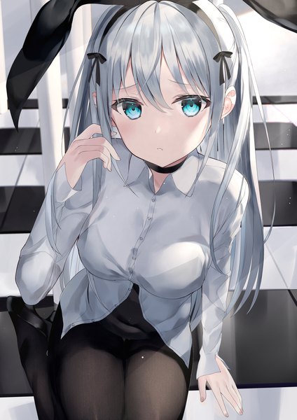 Anime picture 2893x4096 with original zukan (db tyoutyo) single long hair tall image looking at viewer blush fringe highres breasts blue eyes light erotic hair between eyes sitting animal ears payot silver hair indoors long sleeves fingernails