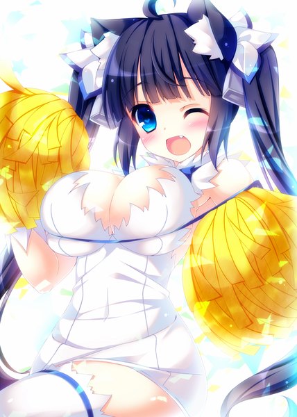 Anime picture 857x1200 with dungeon ni deai wo motomeru no wa machigatteiru darou ka j.c. staff hestia (danmachi) ojitcha single long hair tall image blush breasts open mouth blue eyes light erotic black hair large breasts white background twintails animal ears ahoge one eye closed wink