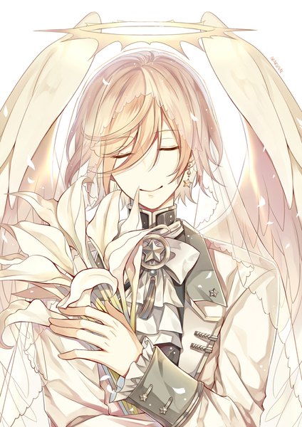 Anime picture 706x1000 with ensemble stars! tenshouin eichi arakunae single tall image fringe short hair simple background blonde hair smile hair between eyes white background signed upper body eyes closed angel wings boy flower (flowers) earrings wings