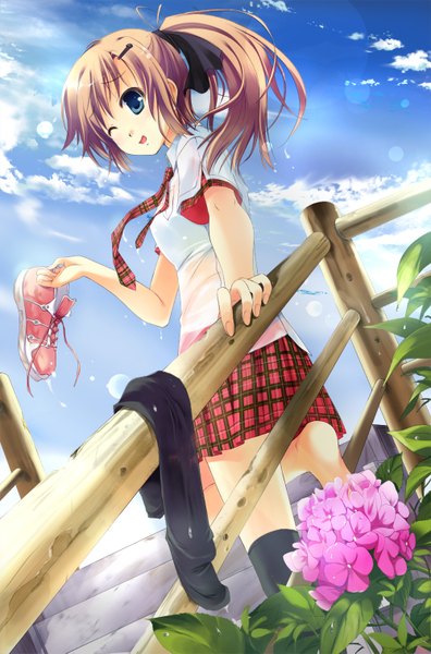 Anime picture 1000x1513 with original ayakaze ryuushou long hair tall image looking at viewer blush blue eyes brown hair sky cloud (clouds) ponytail one eye closed wink wet clothes girl thighhighs skirt uniform flower (flowers) black thighhighs