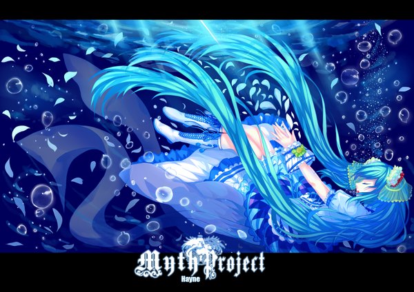 Anime picture 3508x2480 with vocaloid hatsune miku hayne (artist) single highres open mouth twintails absurdres eyes closed very long hair sunlight aqua hair inscription underwater falling girl dress petals water boots