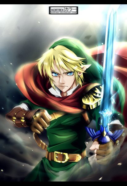 Anime picture 2099x3051 with the legend of zelda link kortrex single tall image highres short hair blue eyes blonde hair pointy ears coloring magic letterboxed smoke boy gloves weapon sword fingerless gloves hood