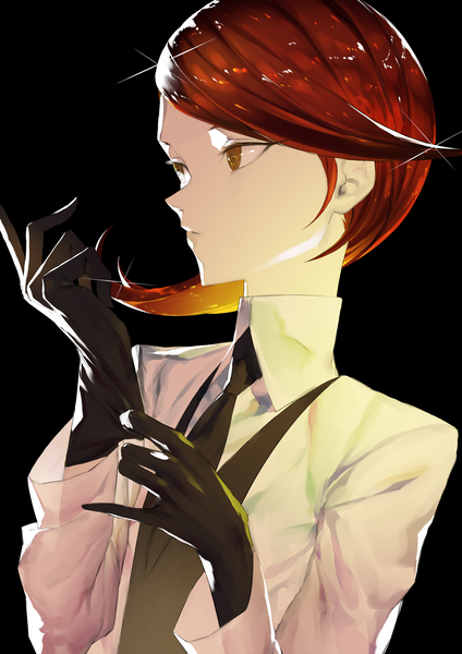 Anime picture 1157x1637 with houseki no kuni rutile (houseki no kuni) ryein single tall image short hair simple background brown eyes looking away upper body red hair profile sparkle black background androgynous adjusting clothes adjusting gloves gloves black gloves necktie